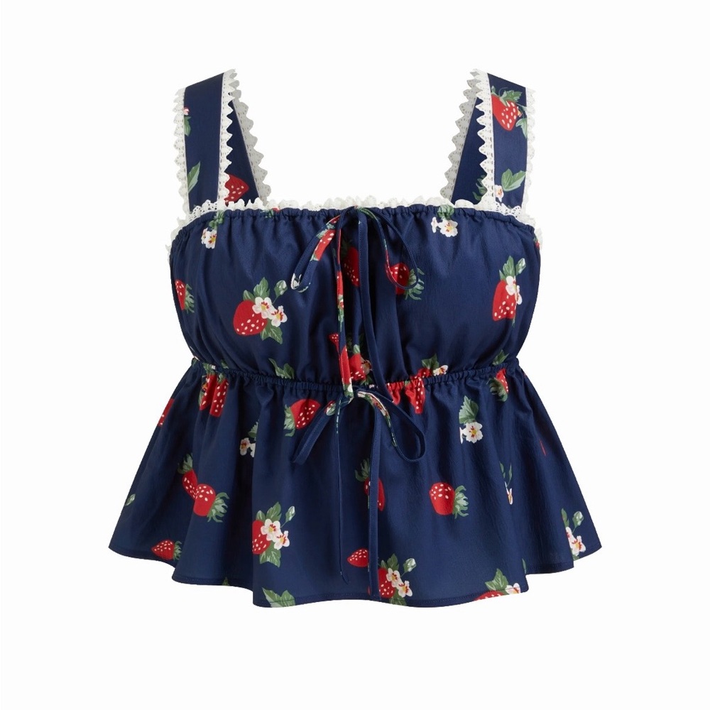 Cider Square Neck Strawberry Tie Front Lace Trim Cami Blouse in Navy